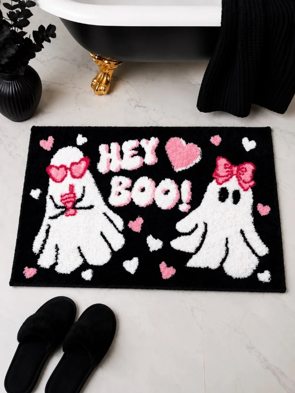 Betsey Johnson Hey Boo Ghost Bath Rug 20x32 Black Pink Halloween Gothic NWT